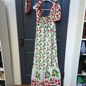 White Maxi Dress with Red Strawberry Print and Green Leaves